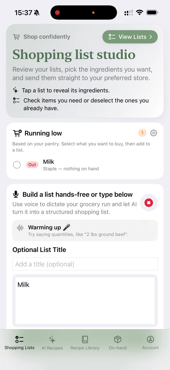 Ingreedi shopping list studio with a dictation prompt